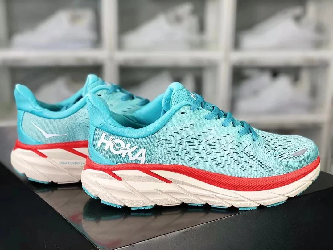 Hoka Clifton 9 Lightweight Running Shoes Light Blue and Red