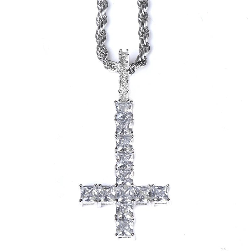 Design Inverted Cross Pendant Iced Out Necklace Silver